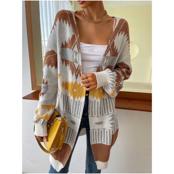 White Brown Tribal Print Open Front Oversized Cardigan - Picture 5 of 6